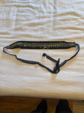 Free People Black Lace Headband with Gold Beaded Trim